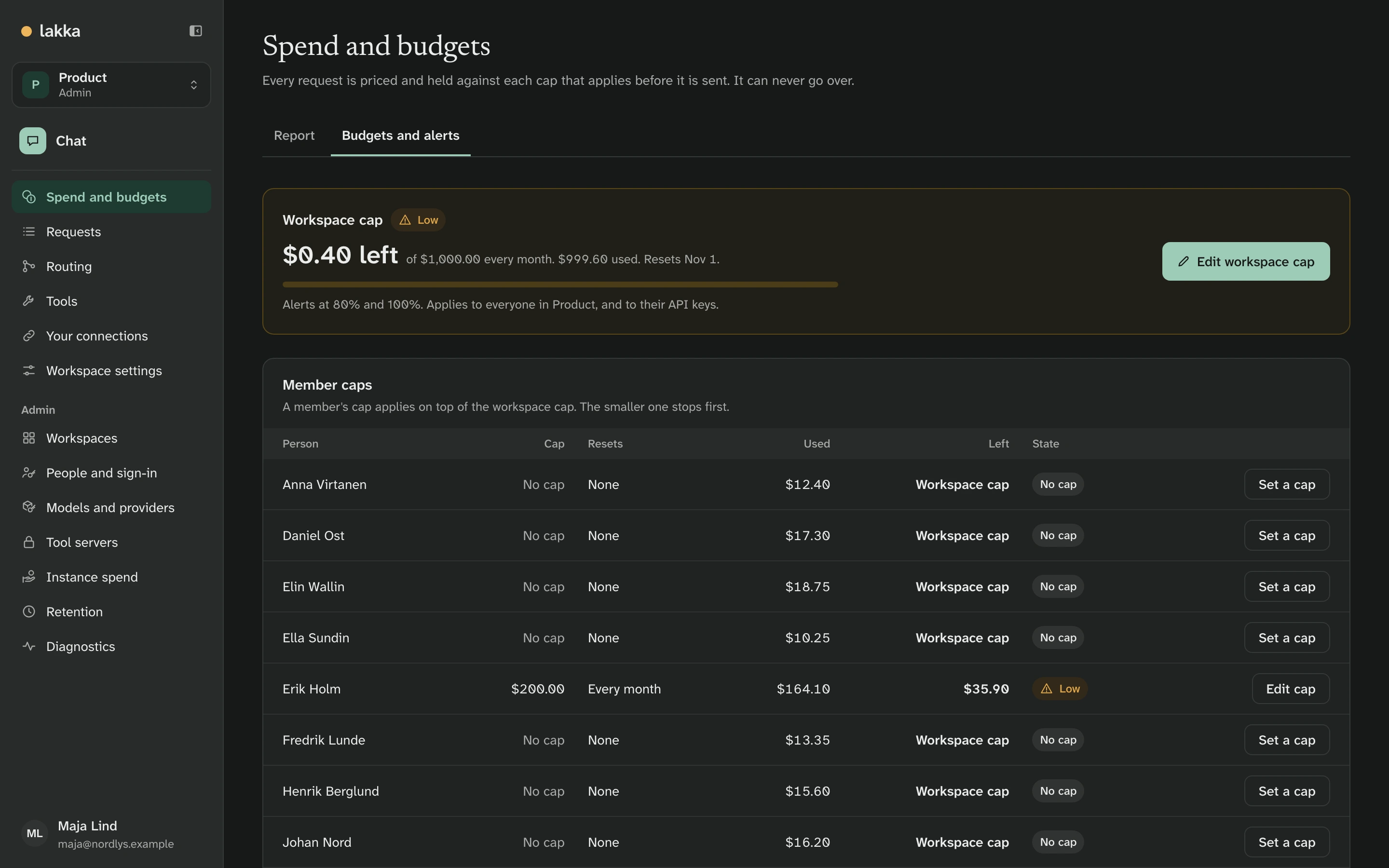 Budgets and alerts: the Product workspace cap is low, $0.40 left of $1,000.00, with member caps below
