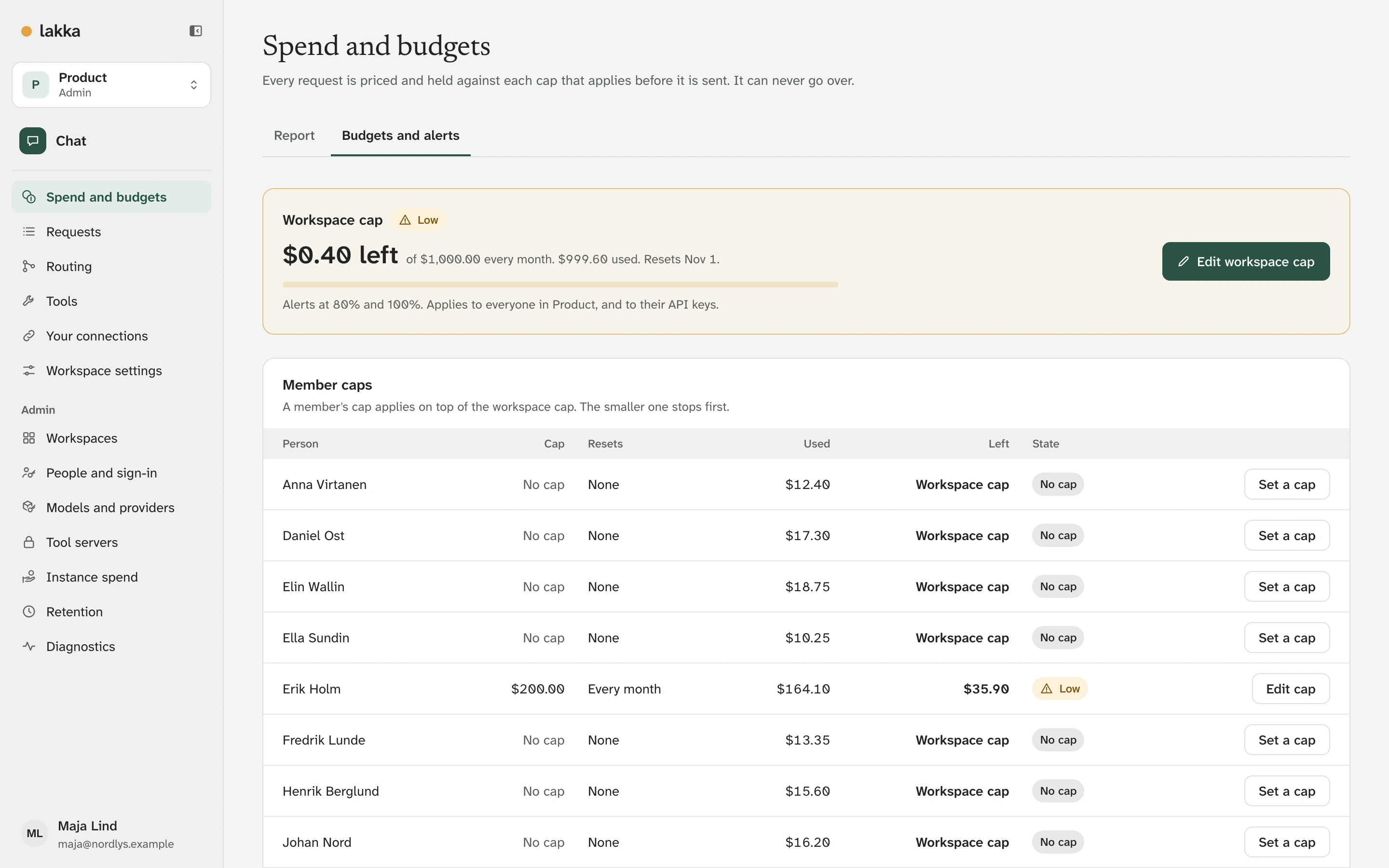 Budgets and alerts: the Product workspace cap is low, $0.40 left of $1,000.00, with member caps below