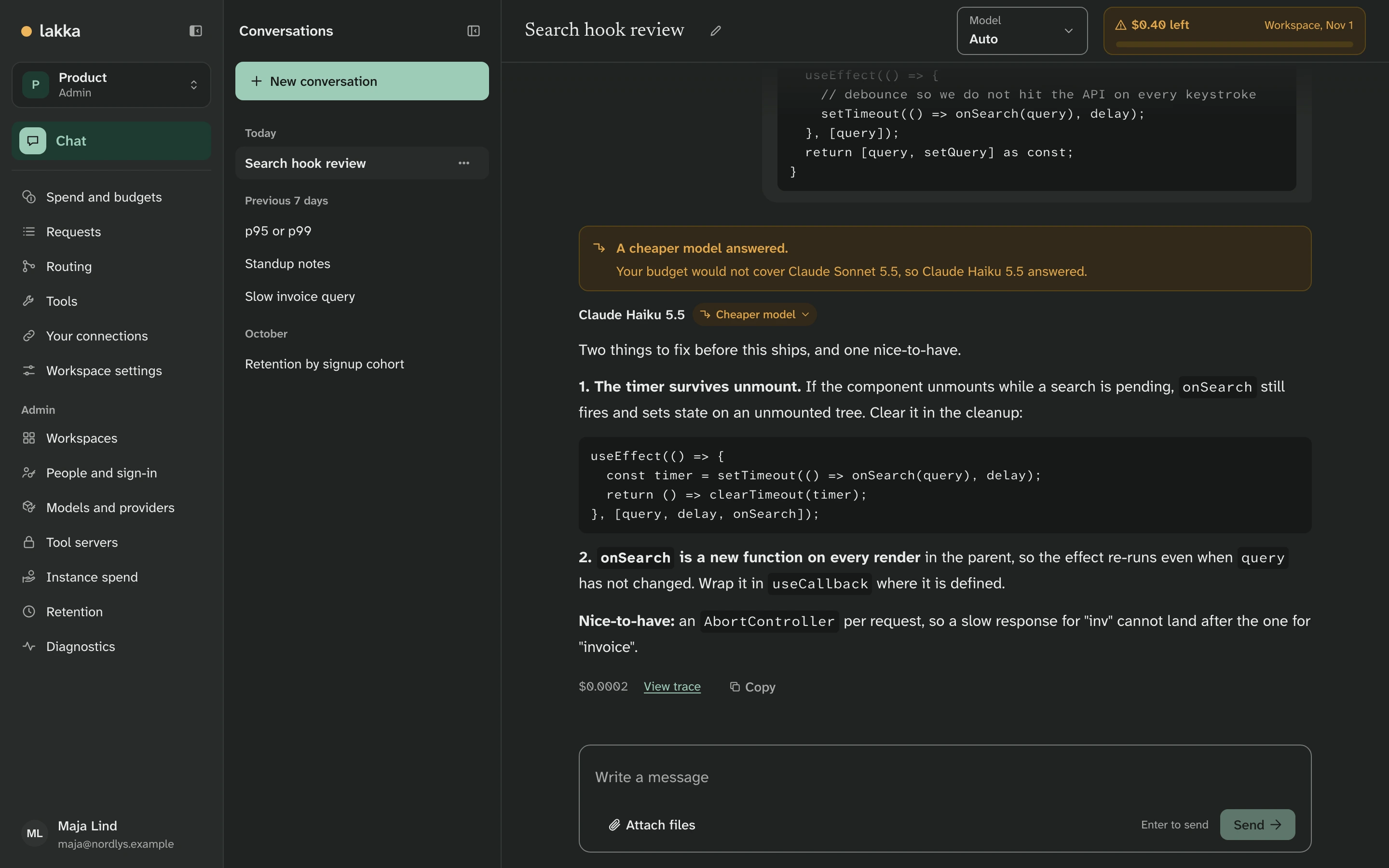 Chat: a code review answered by Claude Haiku 5.5, with a note that the budget would not cover Claude Sonnet 5.5