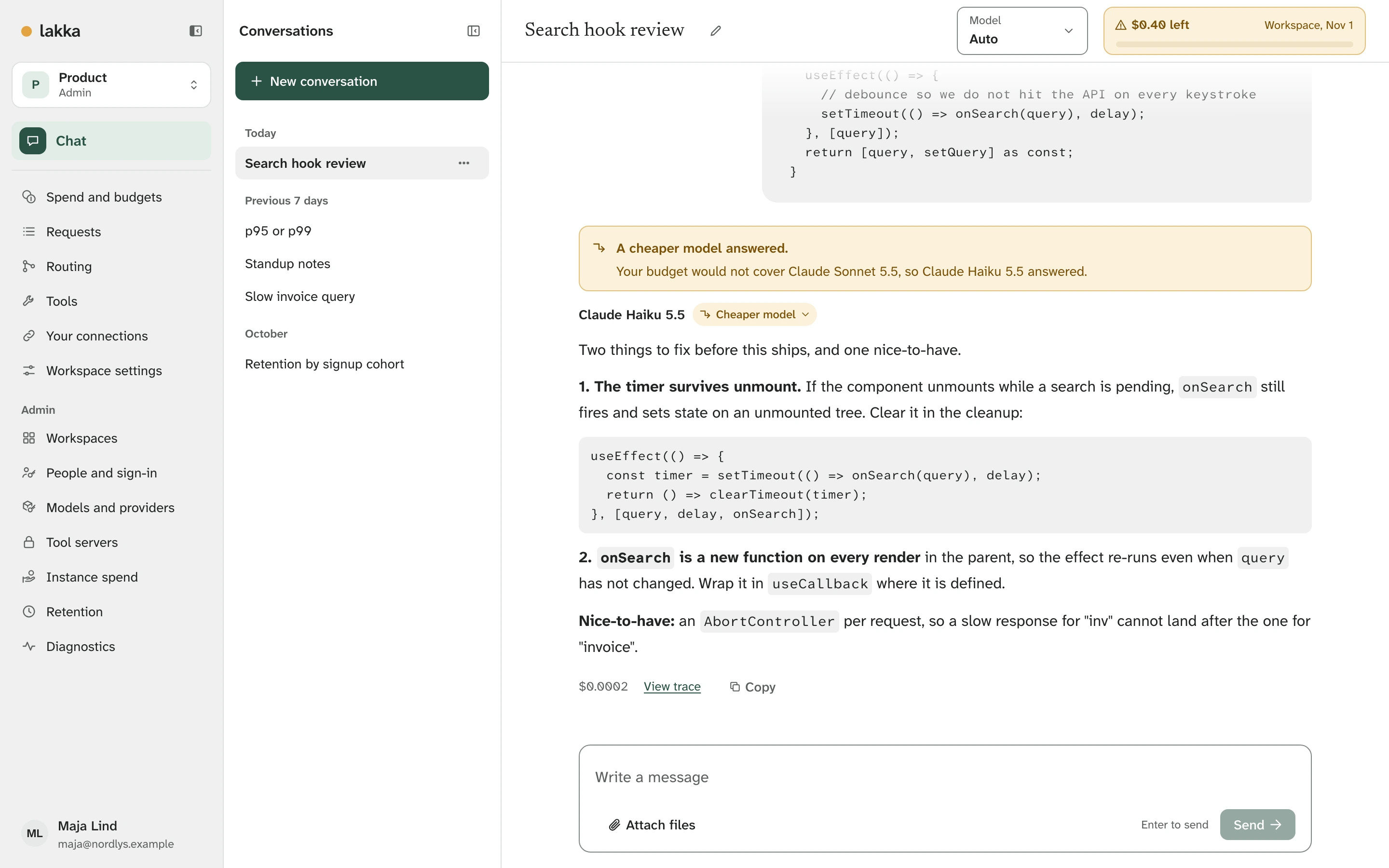 Chat: a code review answered by Claude Haiku 5.5, with a note that the budget would not cover Claude Sonnet 5.5