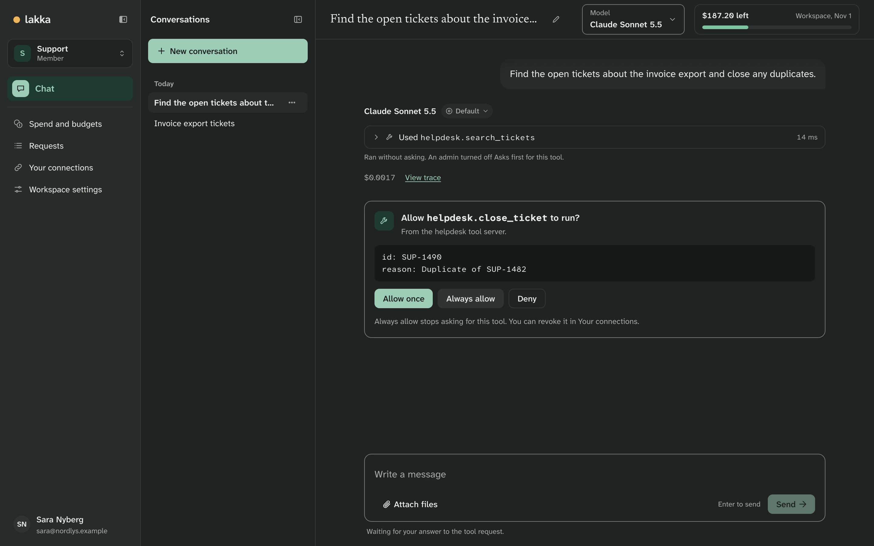 Chat: the model searched the helpdesk, and an approval card asks whether helpdesk.close_ticket may close SUP-1490