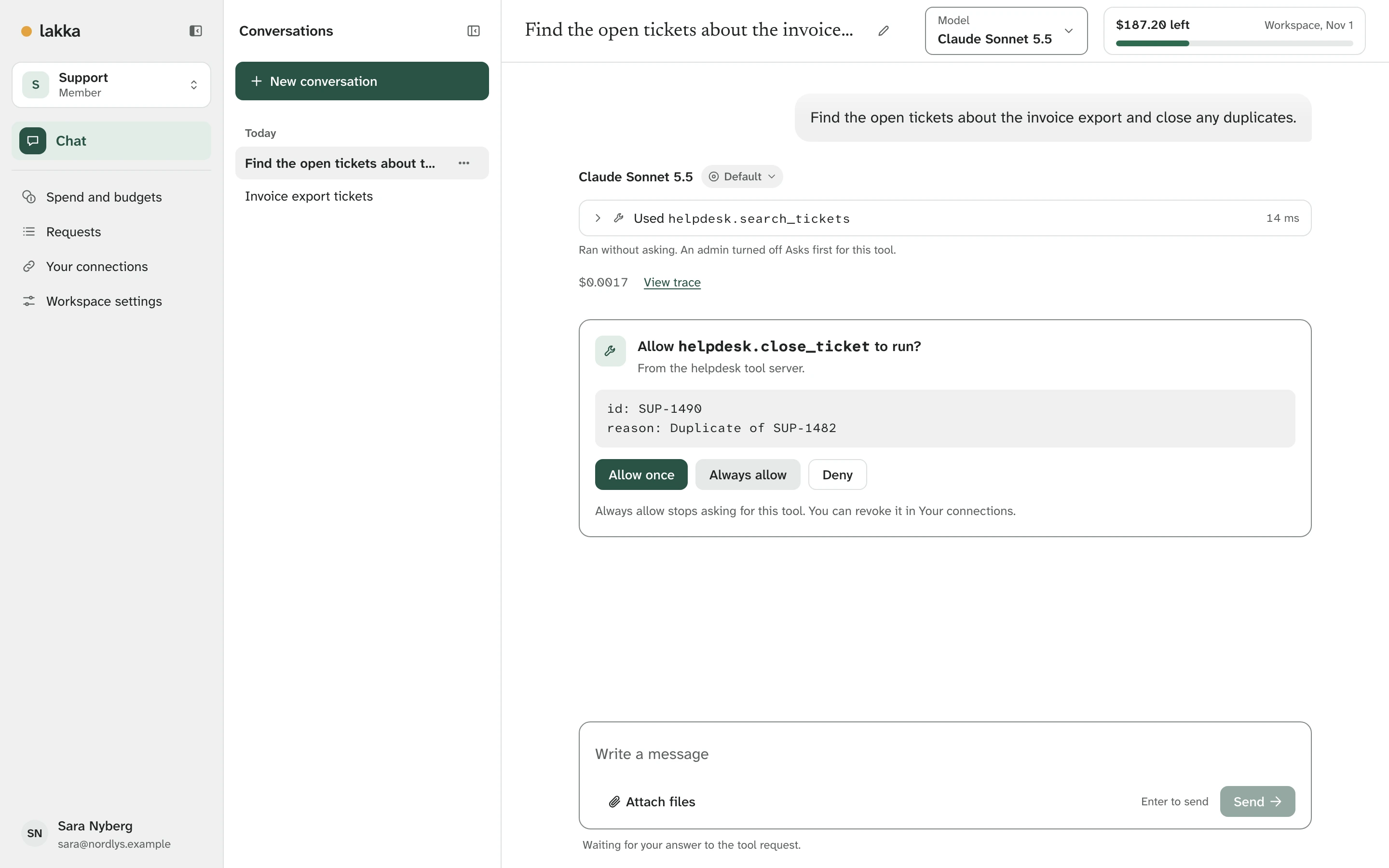 Chat: the model searched the helpdesk, and an approval card asks whether helpdesk.close_ticket may close SUP-1490