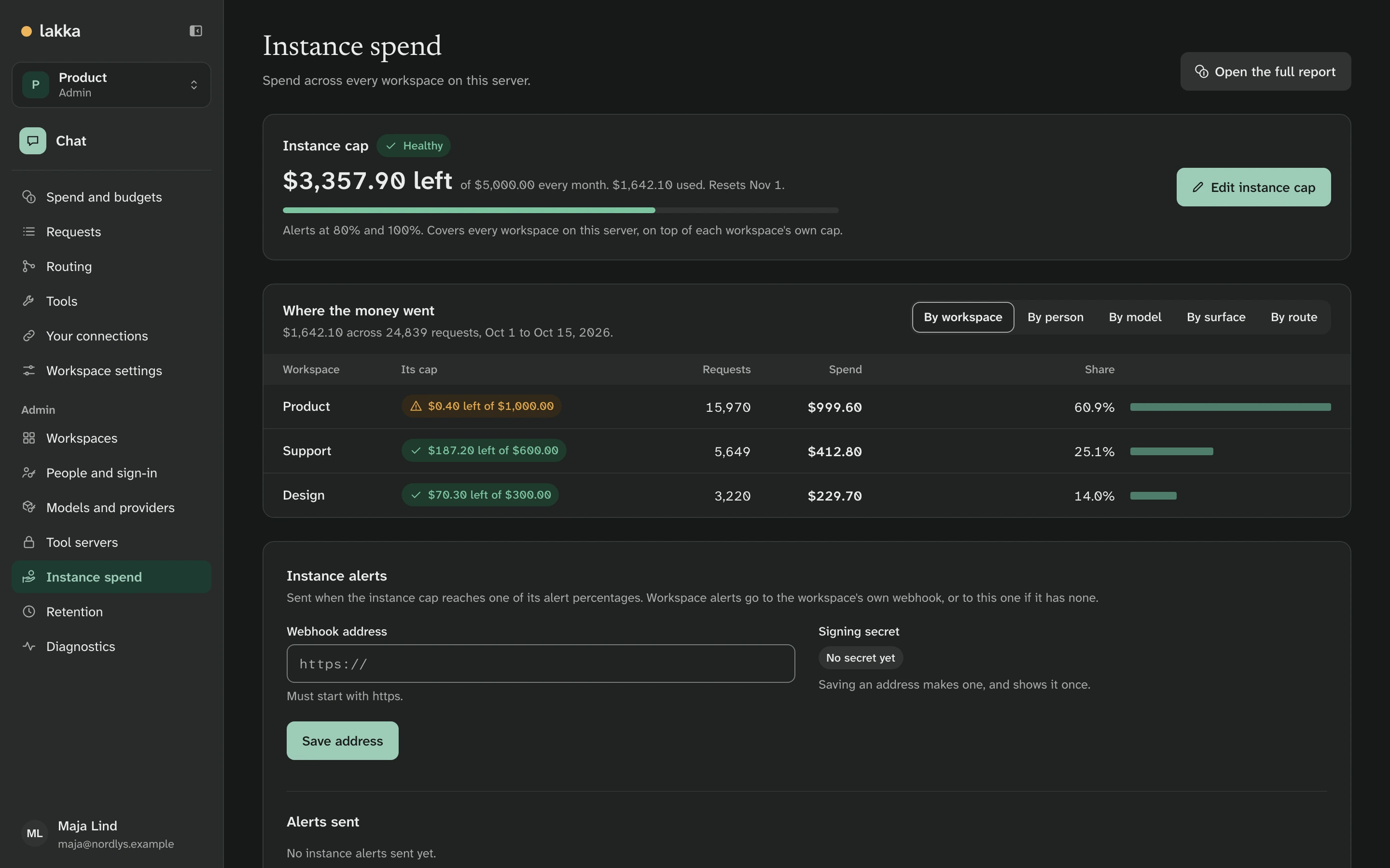 Instance spend: this month for each workspace against its cap, and the server's cap
