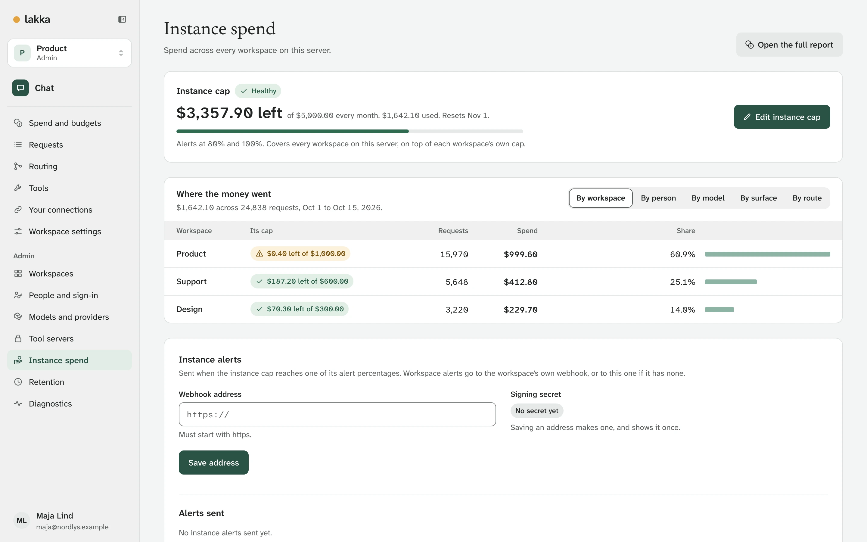 Instance spend: this month for each workspace against its cap, and the server's cap