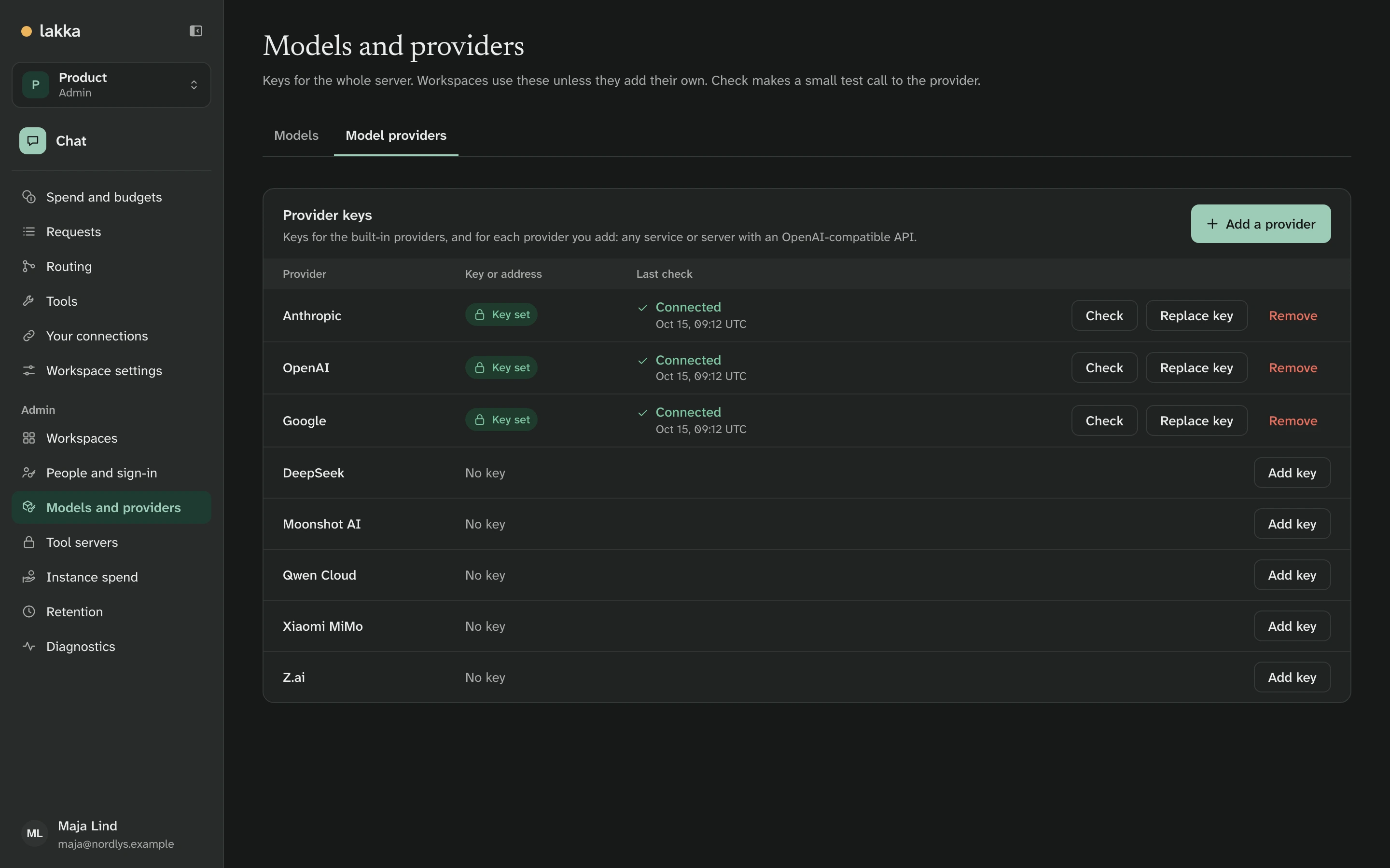 Models and providers: Anthropic, OpenAI and Google connected, the other providers with no key
