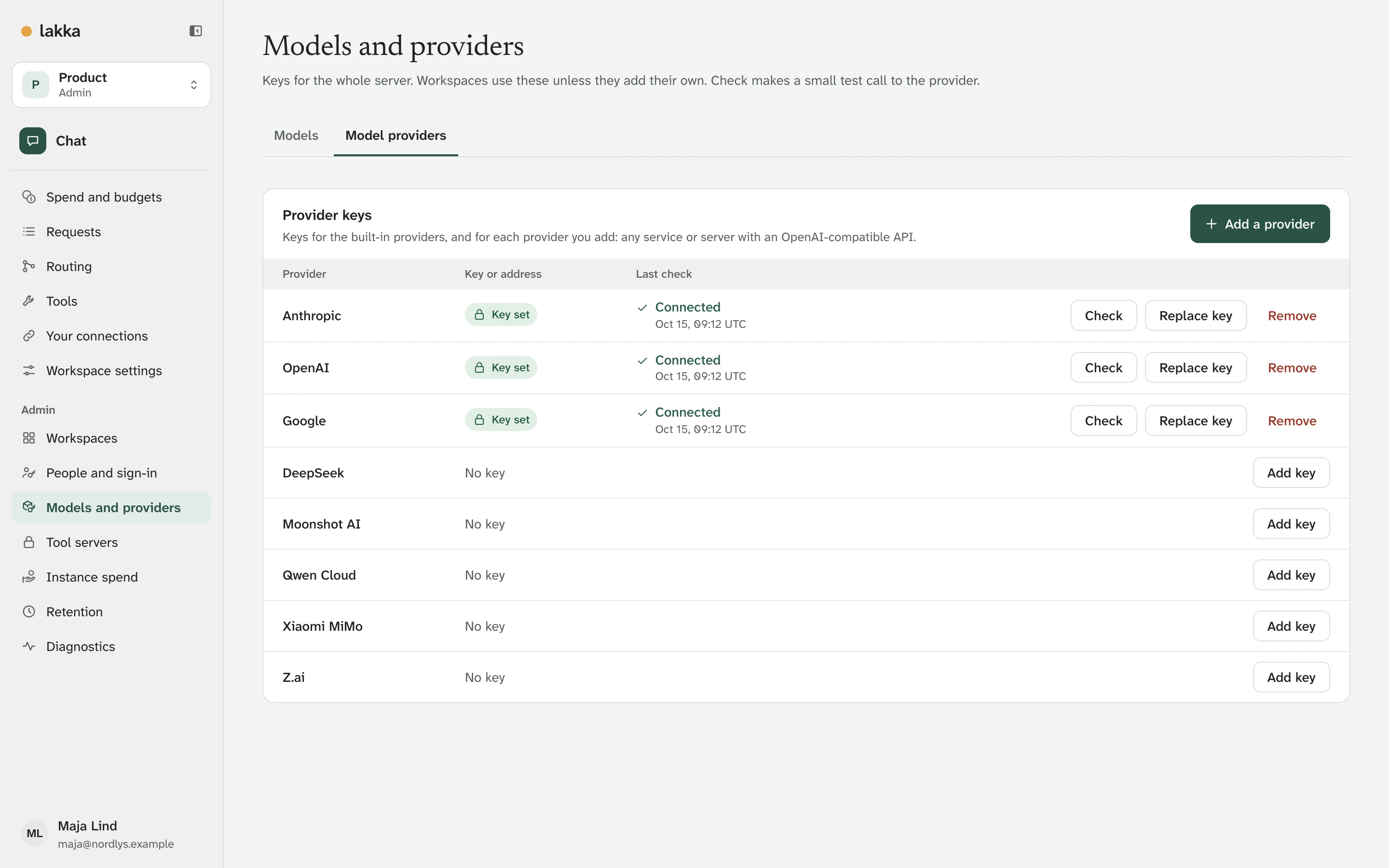 Models and providers: Anthropic, OpenAI and Google connected, the other providers with no key