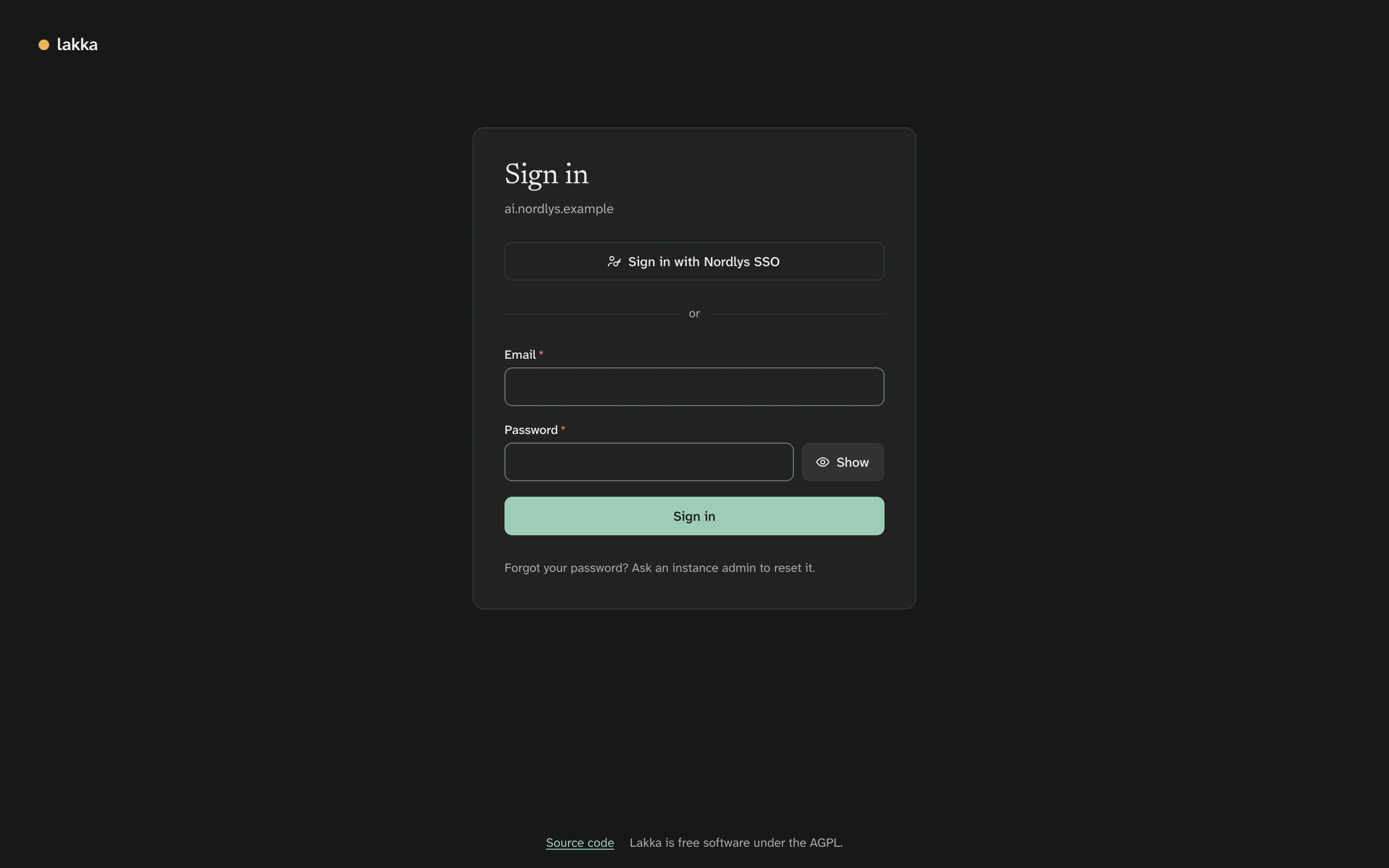 The sign-in page, with a password form and a button to sign in with Nordlys SSO