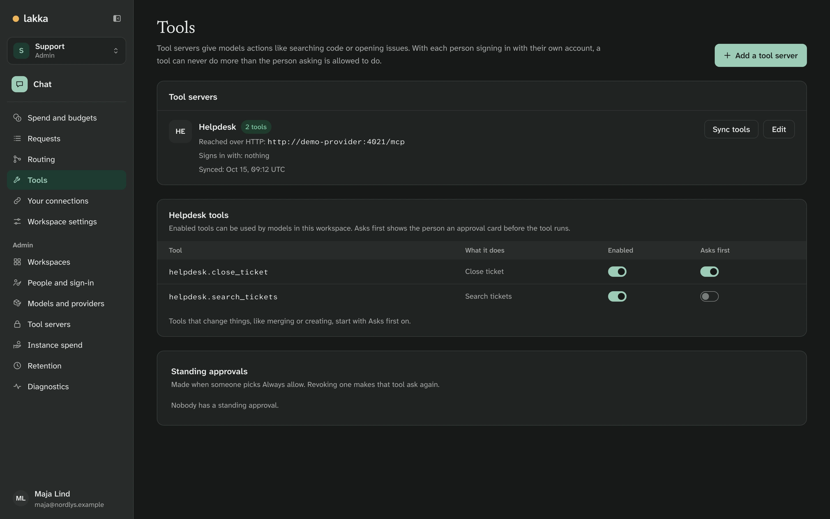 Tools in the Support workspace: the helpdesk server with search_tickets, which runs without asking, and close_ticket, which asks first
