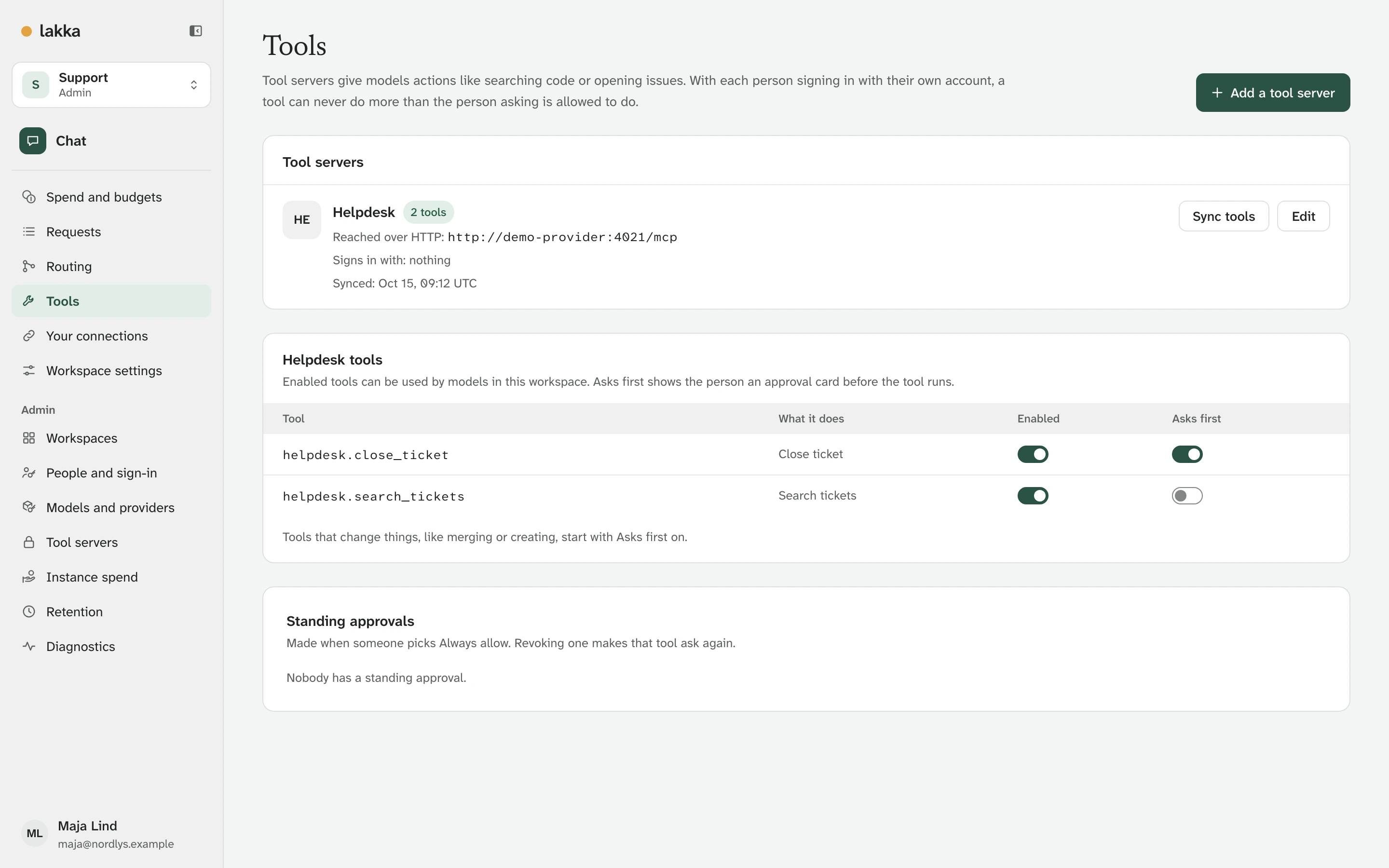 Tools in the Support workspace: the helpdesk server with search_tickets, which runs without asking, and close_ticket, which asks first